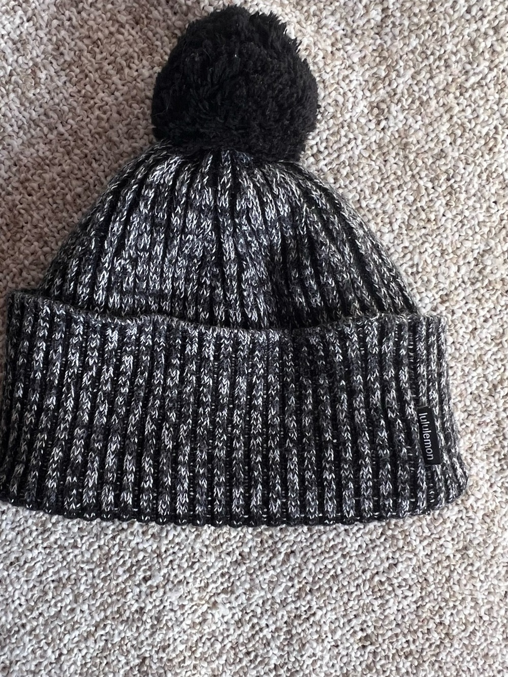 Lululemon Textured Fleece-Lined Knit Pom Beanie Black Grey White O/S